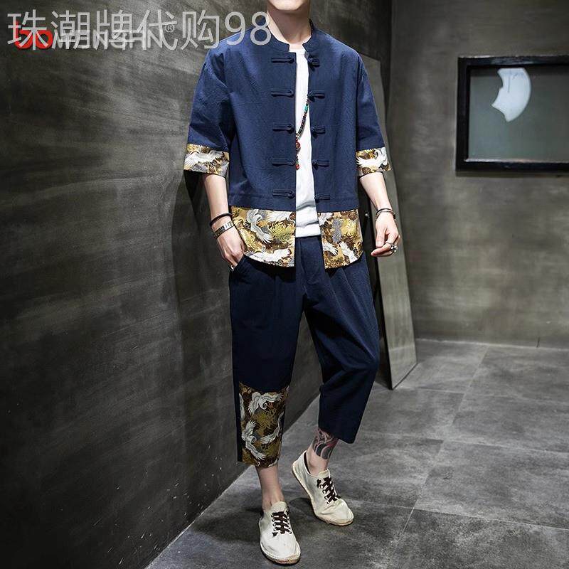 中国风亚麻套装男士2026新款夏季短袖衬衫棉麻唐装汉服两件套男款