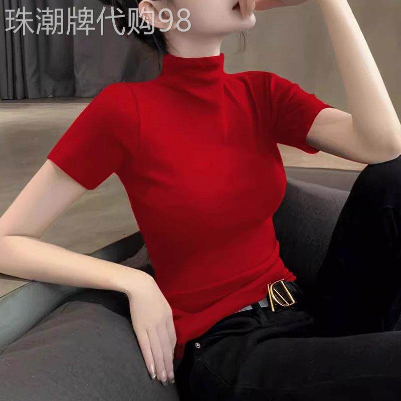 红色短袖T恤女士夏季欧货针织半高领打底衫洋派韩系修身半袖上衣