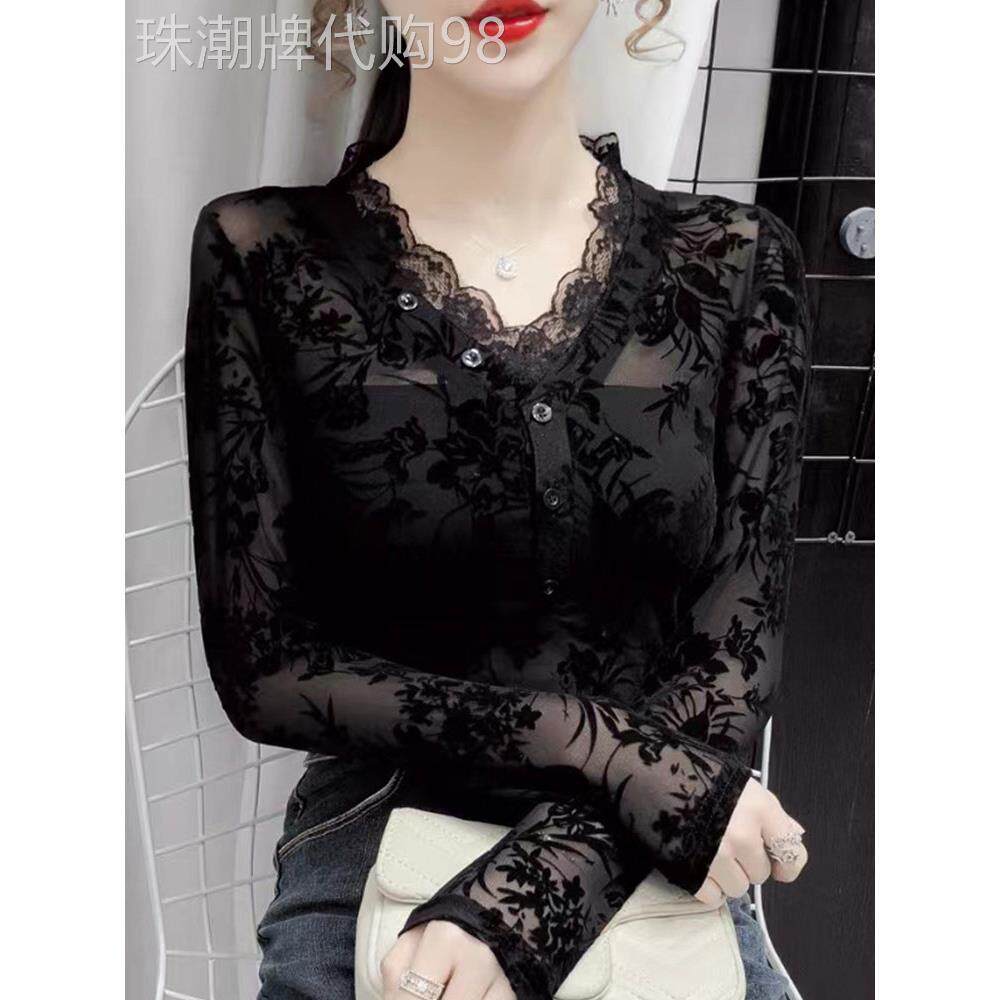 洋气性感网纱修身黑色V领打底衫女春季欧货蕾丝长袖衬衫内搭上衣