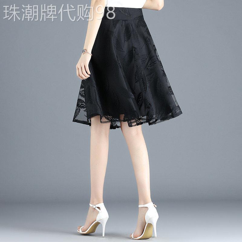 印花网纱a字裙半身裙女夏2025新款高腰显瘦伞裙百褶裙蓬蓬裙短裙