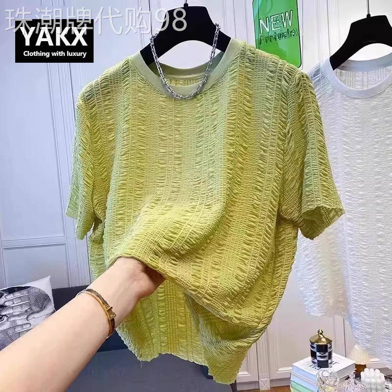 高端潮牌泡泡纱短袖t恤男士2026新款夏季薄款宽松情侣装上衣男款