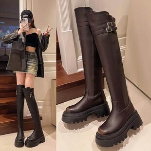 香港真皮长筒靴女2025秋冬新款过膝弹力靴加绒保暖厚底高筒骑行靴