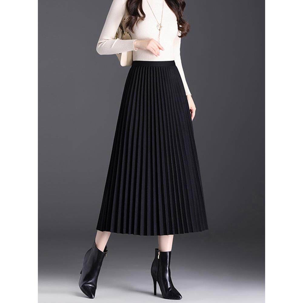 黑色半身裙女春秋2025新款a字长裙垂感显瘦中长款薄毛呢百褶裙