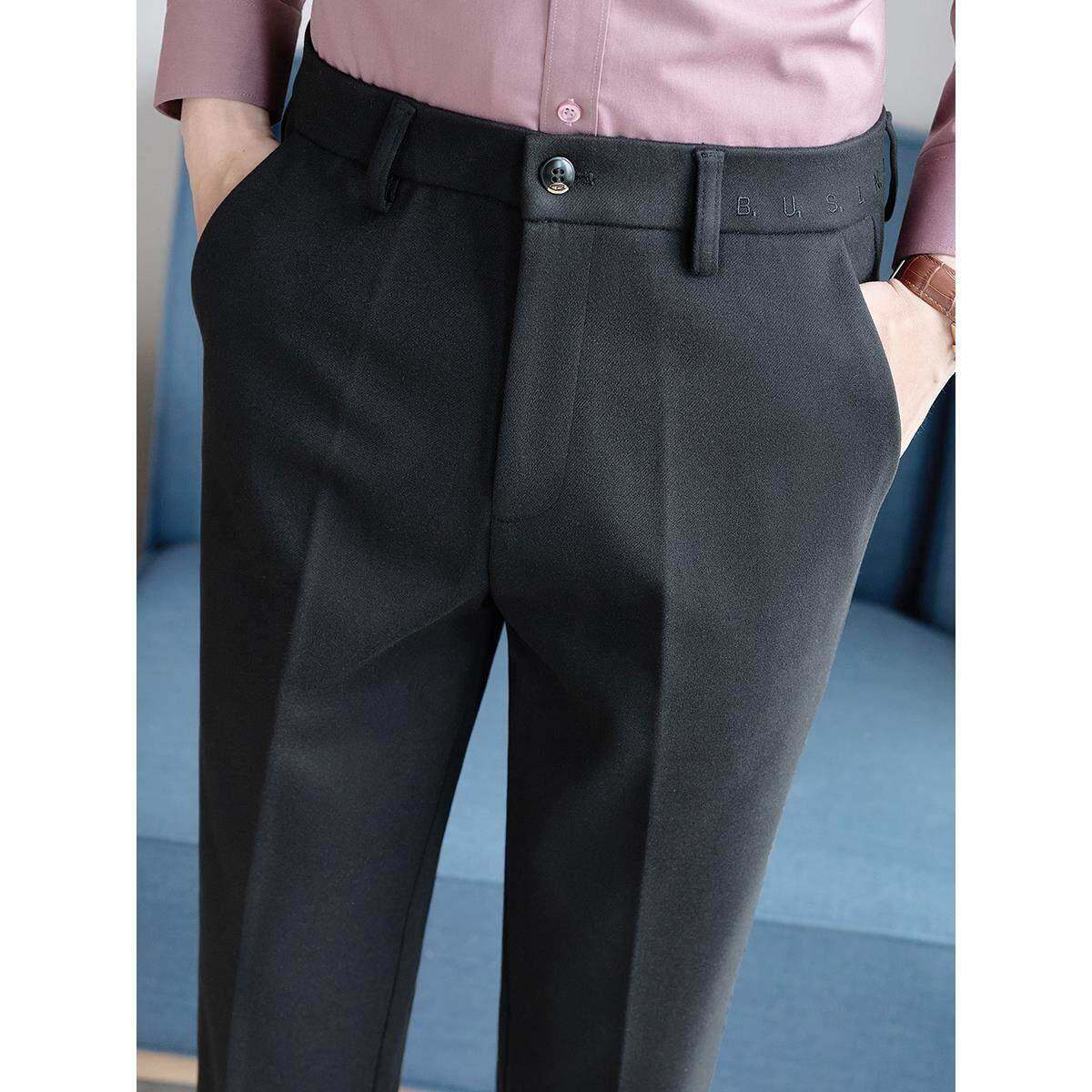 潮牌高级感毛呢小脚裤男秋冬季加厚抗皱修身直筒长裤磨毛商务西裤