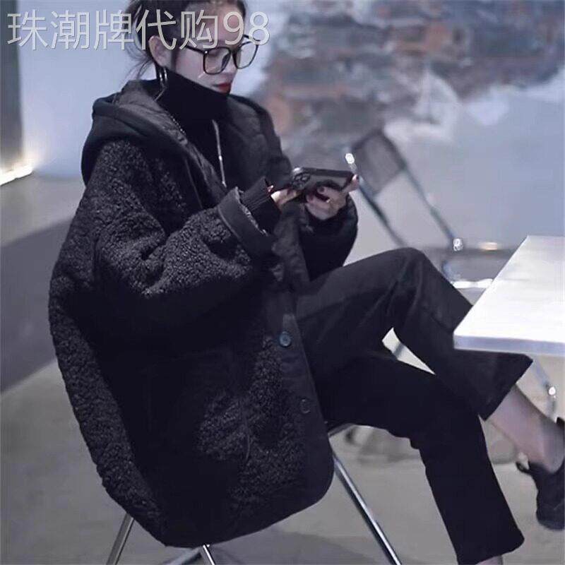 高级感黑色连帽保暖外套女2025年秋冬新款小个子夹棉加厚百搭上衣