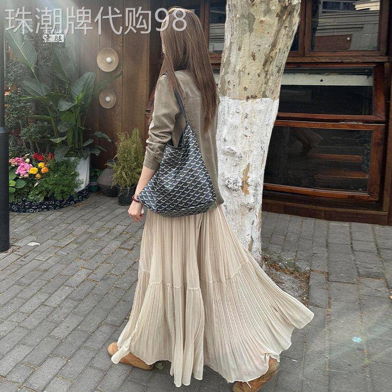 韩系半身裙女春秋杏色高腰a字裙蛋糕裙温柔风设计感大摆中长裙子