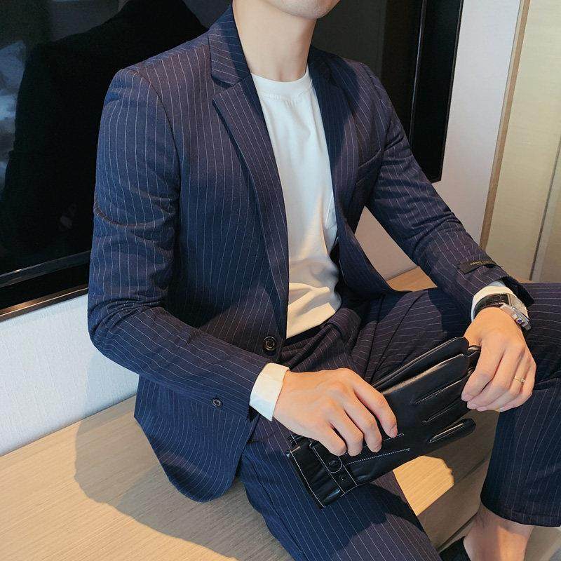 西装套装男韩版潮流帅气修身休闲新郎结婚礼服英伦风男士西服条纹