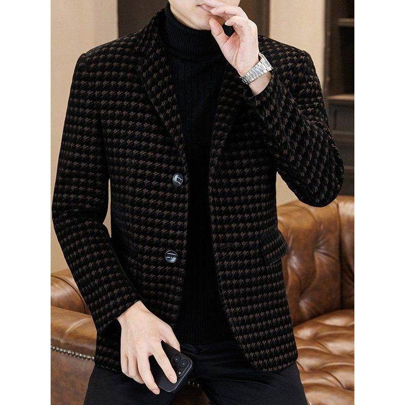 高端千鸟格毛呢西服外套男商务休闲秋冬季新款韩版修身短款小西装
