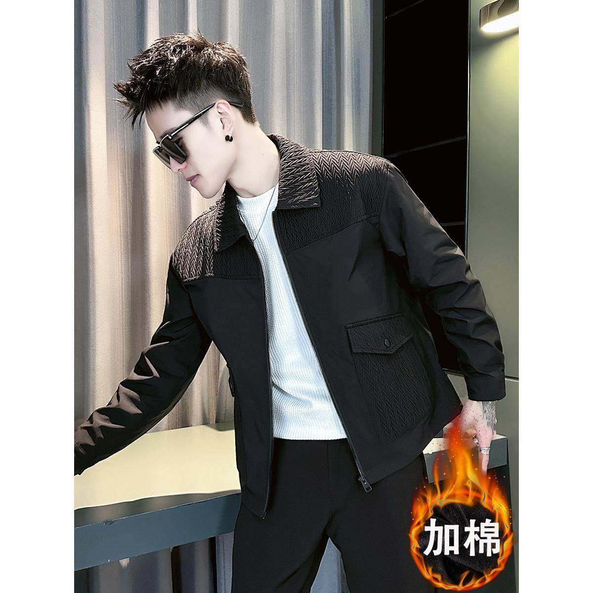 潮流痞帅拼接加棉加厚男士夹克2025新款秋冬季高级感翻领保暖外套