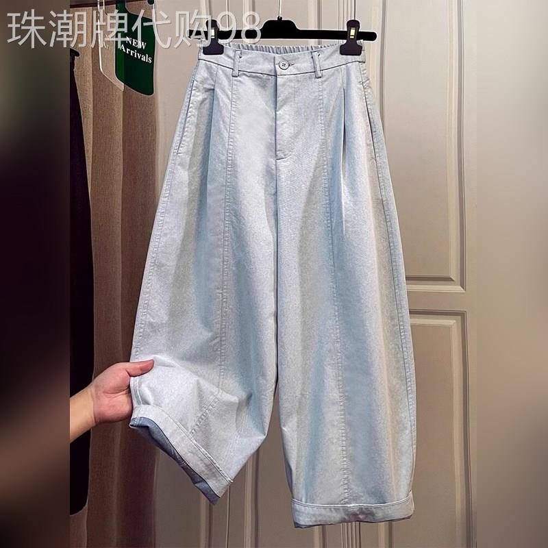 潮牌弯刀牛仔裤女夏季大尺码梨形身材胖mm高腰显瘦后松紧九分哈伦