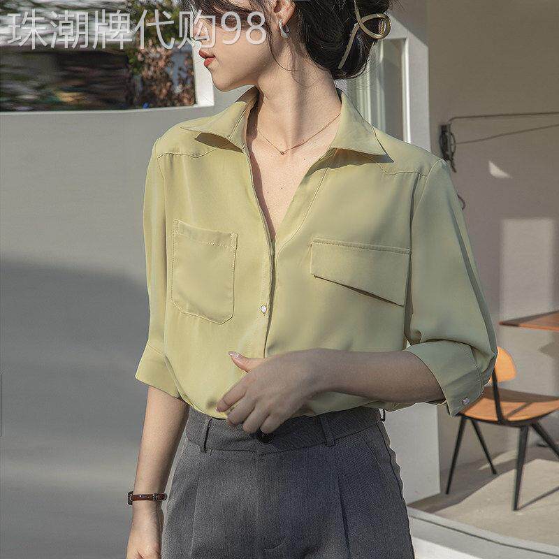 通勤V领雪纺衬衫女夏季2026新款设计感小众五分袖衬衫职业正装上