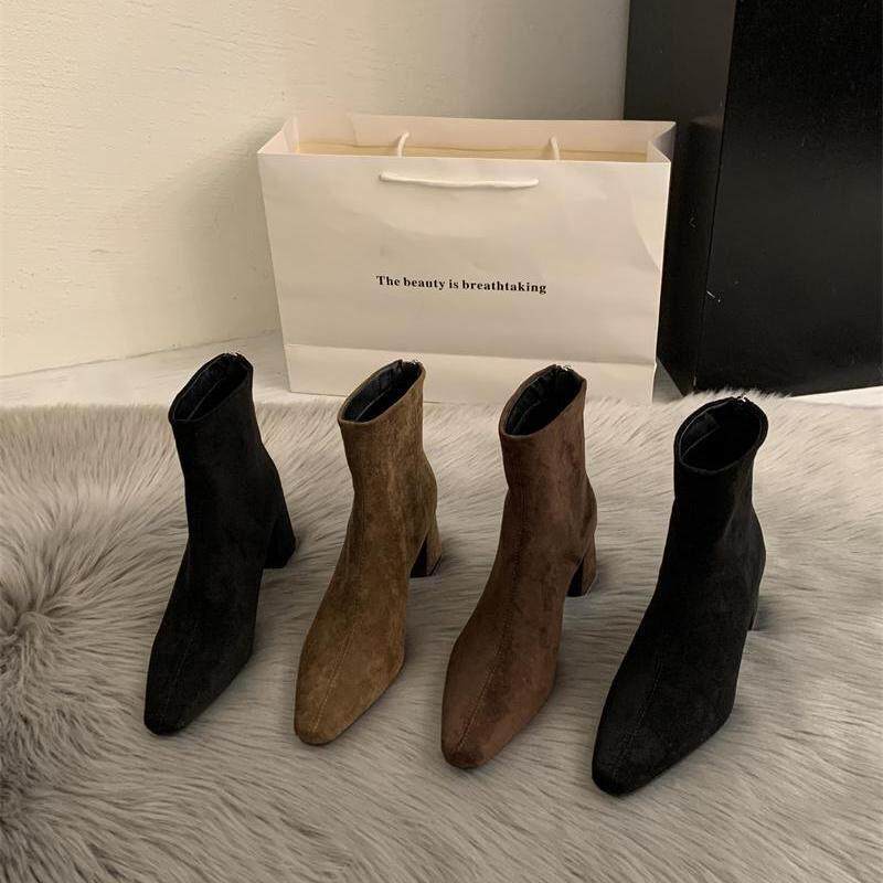 香港黑色绒面粗跟瘦瘦靴女气质方头高跟弹力短靴袜靴卡其色及踝靴