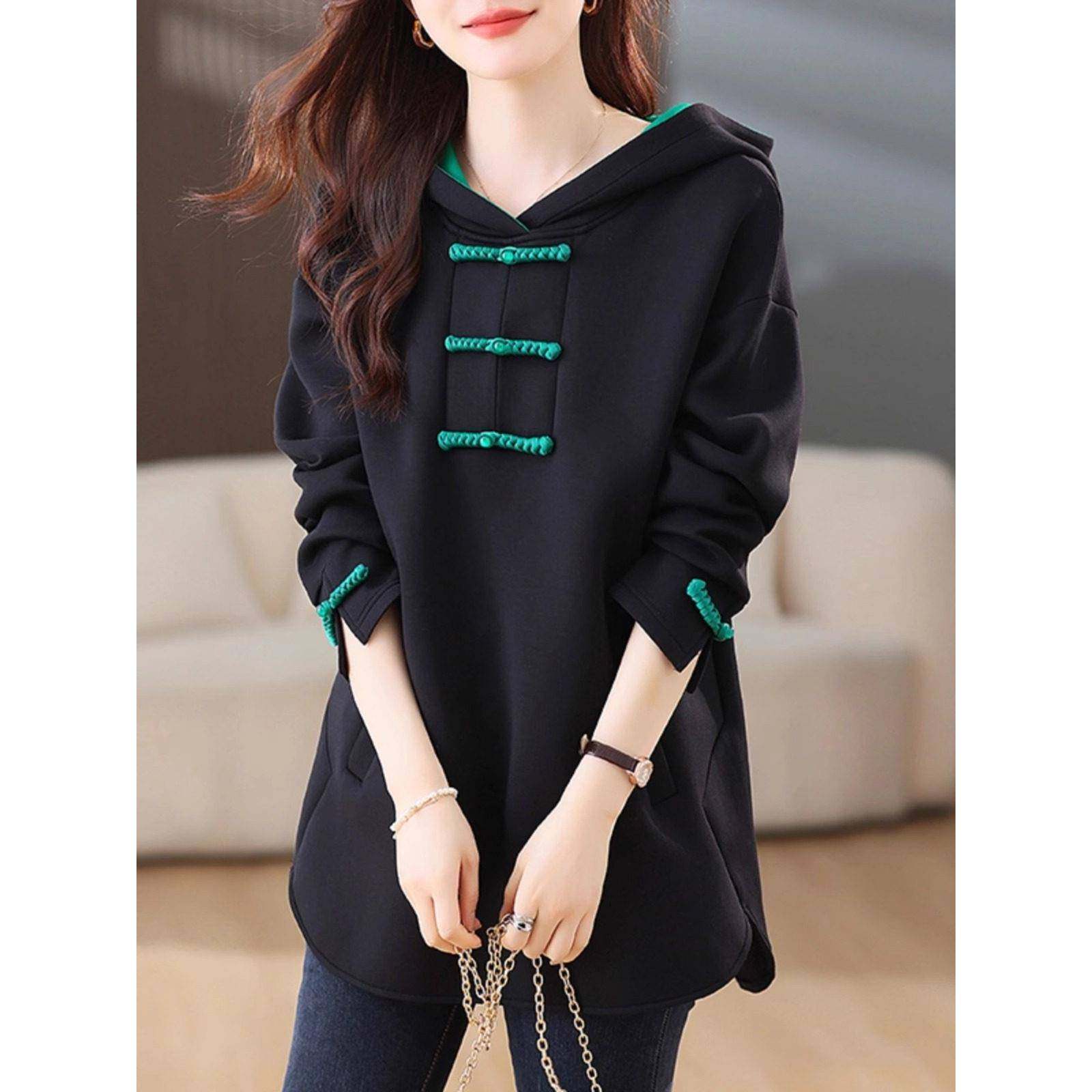 中长款国风卫衣女遮屁股春秋冬加绒加厚2025新款欧货爆款时尚外套