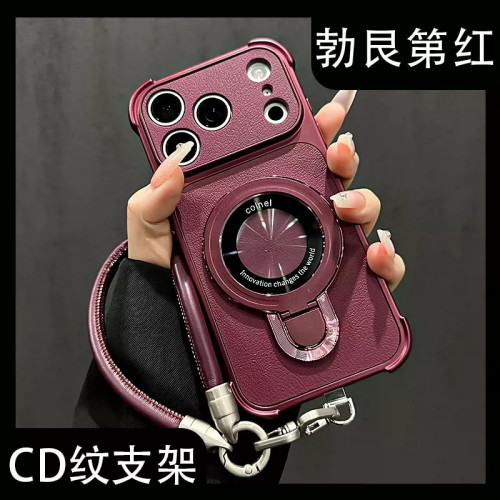 勃艮第红皮纹CD支架适用于华为Mate80ProMax手机壳苹果18Pro高级感Pura90挂绳Reno16防摔VIVOS60保护套小米17