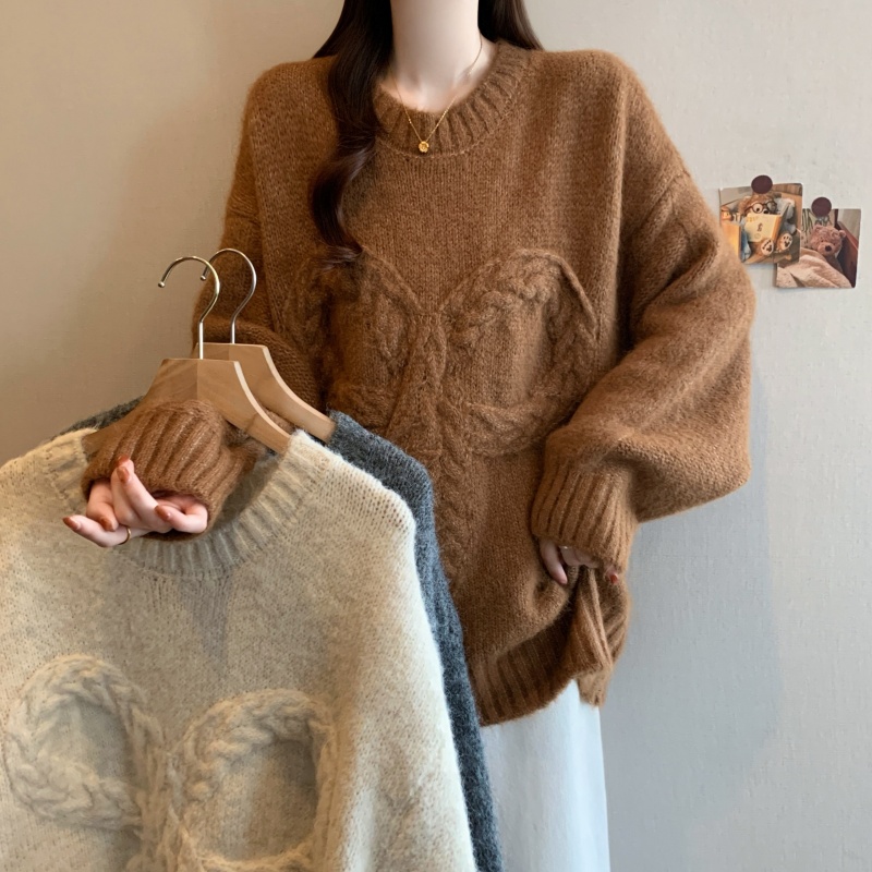 实拍大码女装麻花蝴蝶结套头毛衣秋冬胖MM慵懒风宽松显瘦针织上衣