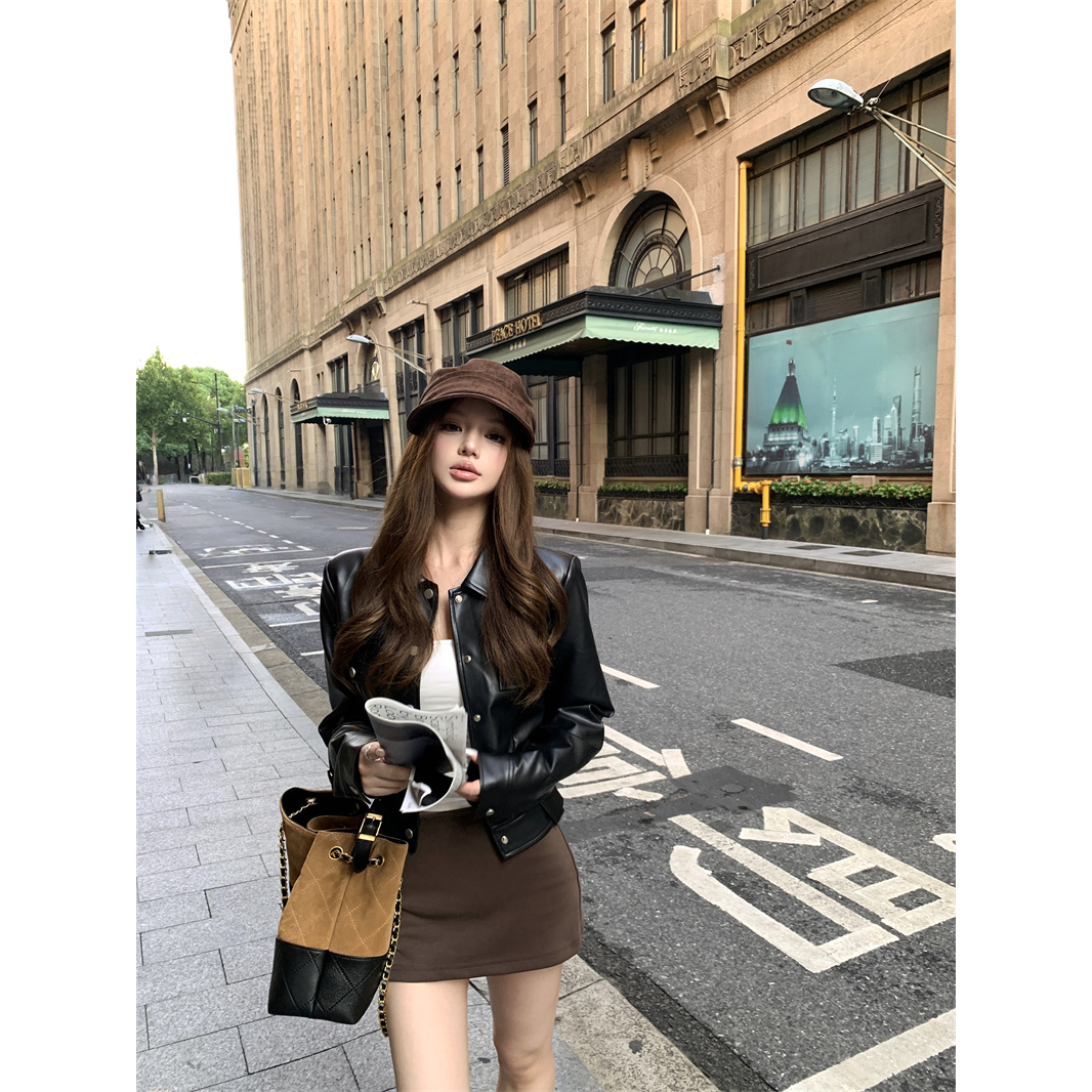 实拍   休斯顿街  皮衣外套女秋季黑色小个子机车风短款正肩夹克