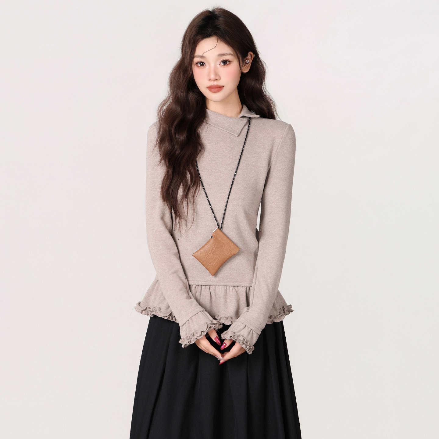 实拍实价半高领木耳花边正肩长袖t恤女秋冬季修身内搭打底衫上衣