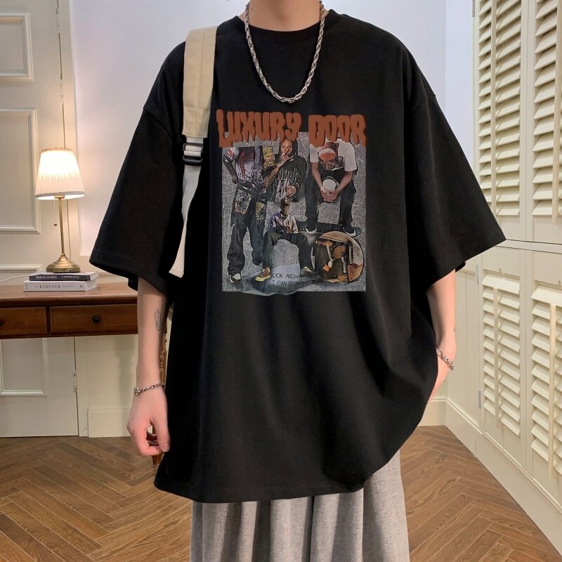 T6236P25潮爆夏2023落肩款宽松棉T男士T恤港风印花纯棉短T咖啡,男装T恤,星座510A-6