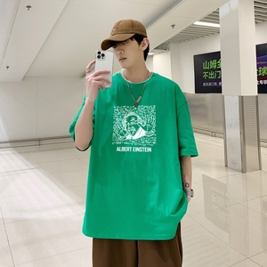 T3477P25宽松圆领T恤港风落肩纯棉T短袖字母卡通印花T恤新2022男