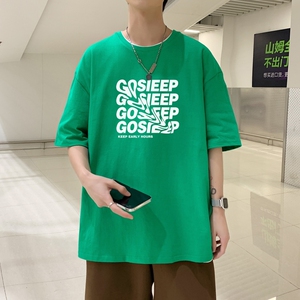 T3341P25短袖潮趣印花T恤春夏新款2022男宽松T恤港风落肩纯棉男T图片