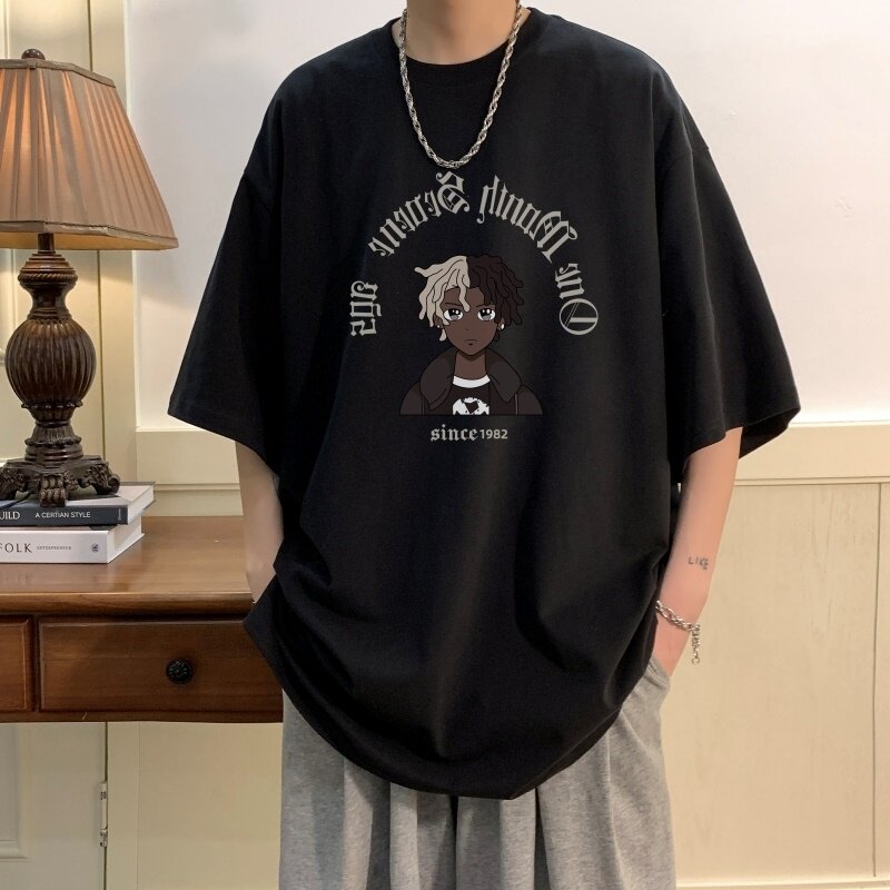 T6239P25夏2023落肩款宽松棉T男士T恤港风印花纯棉短T白色,男装T恤,星座510A-6