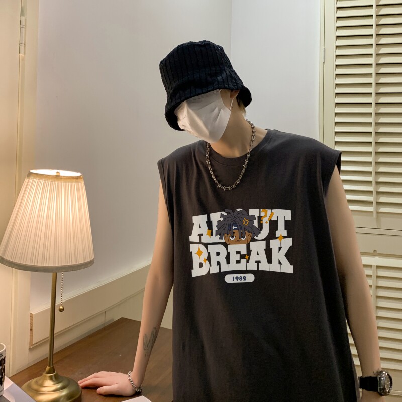 TW6409P25夏2023宽松无袖棉T男士T恤港风印花纯棉背心,男装T恤,星座510A-6