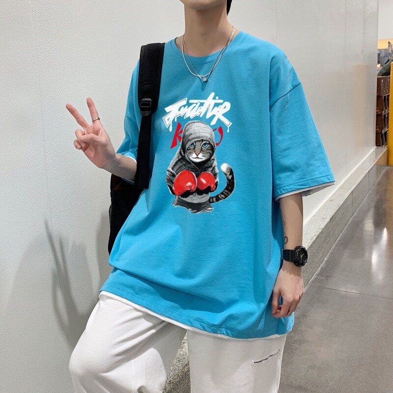 T3478P25新港风落肩纯棉T短袖字母卡通印花T恤2022男宽松圆领T恤图片