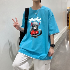 T3478P25新港风落肩纯棉T短袖字母卡通印花T恤2022男宽松圆领T恤图片