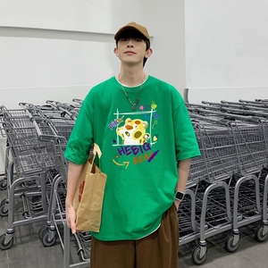 T3482P25卡通印花宽松T恤港风落肩纯棉男T短袖印花T恤春夏新款,香肩衣服搭配图片图片