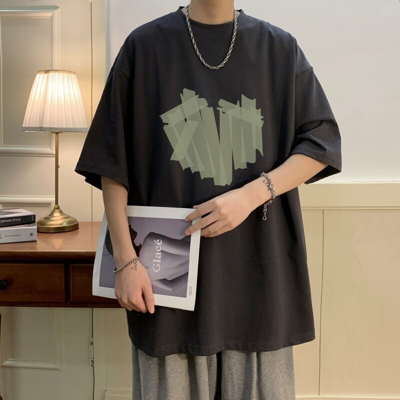 T6243P25夏2023落肩款宽松棉T男士T恤港风印花纯棉短T黑色,男装T恤,星座510A-6