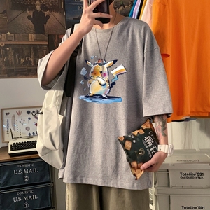 T3352P25短袖仓库正常配送2022男宽松T恤春夏新款港风落肩纯棉男T,白色运动短裤怎么搭配上身图片