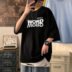 T3254P25春夏新款港风落肩纯棉男T短袖T恤加大男T2022男士宽松T恤图片
