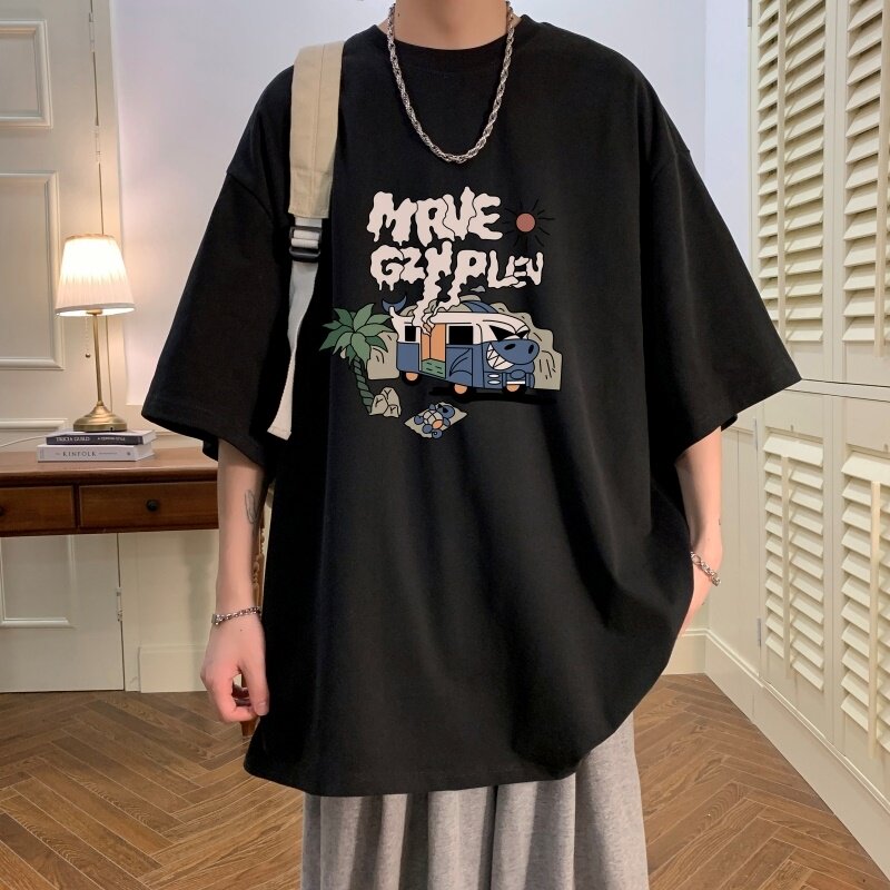 T6237P25潮爆夏2023落肩款宽松棉T男士T恤港风印花纯棉短T深灰,男装T恤,星座510A-6