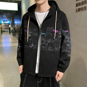 JK5216P90港风宽松夹克流行长袖外套流行男装休闲印花连帽夹克图片