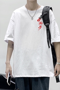 D2123P18港风室内纯棉男短袖港风净版小标印花宽松休闲情侣装T恤