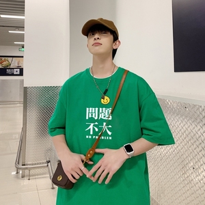 T3359P25港风落肩纯棉男T短袖潮趣印花T恤春夏新款2022男宽松T恤图片