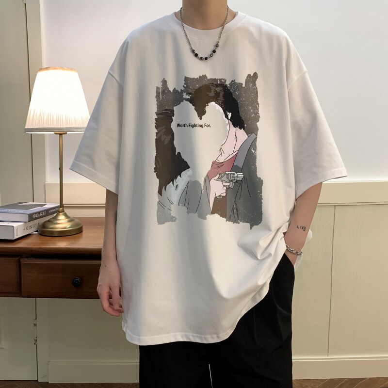 T6289P25 夏2023落肩款宽松棉T男士T恤港风印花纯棉短T图片