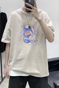 T2264P25港风室内纯棉男短袖港风卡通可乐印花宽松休闲情侣装T恤图片