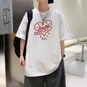 T3483P25落肩纯棉男T短袖圆领T春夏新款爱心字母印花宽松T恤港风图片