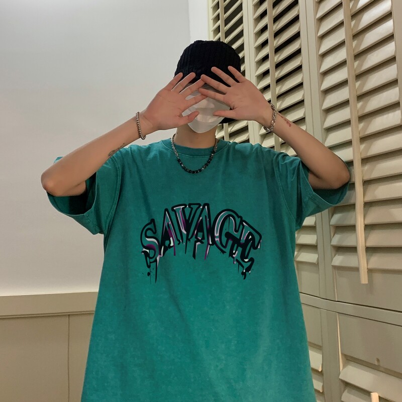 TF6383P38 夏水洗蜡染T恤做旧落肩款宽松棉T男士复古美欧T恤图片