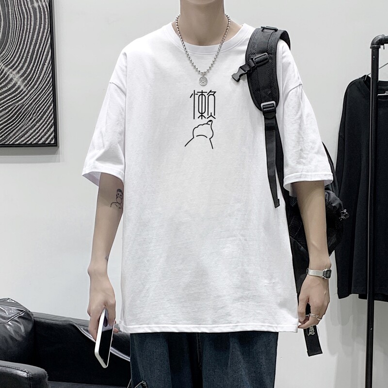 D2170P20 港风室内纯棉男短袖港风净版小标印花宽松休闲情侣装T恤图片
