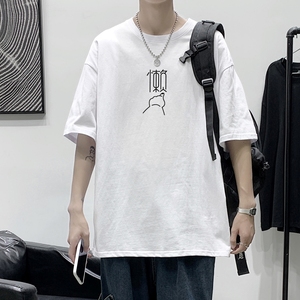 D2170P20 港风室内纯棉男短袖港风净版小标印花宽松休闲情侣装T恤图片