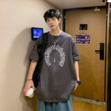 T3762P25短袖字母卡通印花T恤新2022男宽松圆领T恤港风落肩纯棉T，男装T恤，星座510A-6