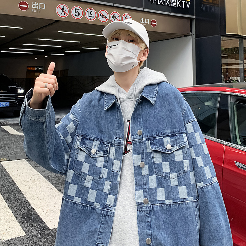 JK5410P75牛仔外套男宽松2023春秋新款设计感小众棋盘格夹克男装,男装夹克,星座510A-6