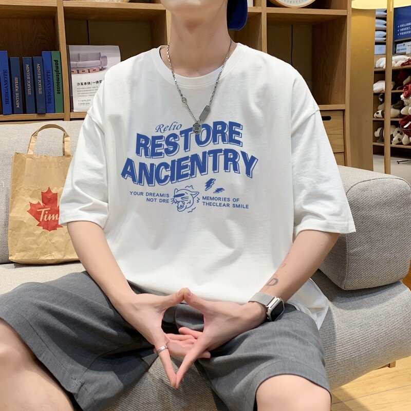 T3344P25新款2022男宽松T恤港风落肩纯棉男T短袖潮趣印花T恤春夏,男装T恤,星座510A-6
