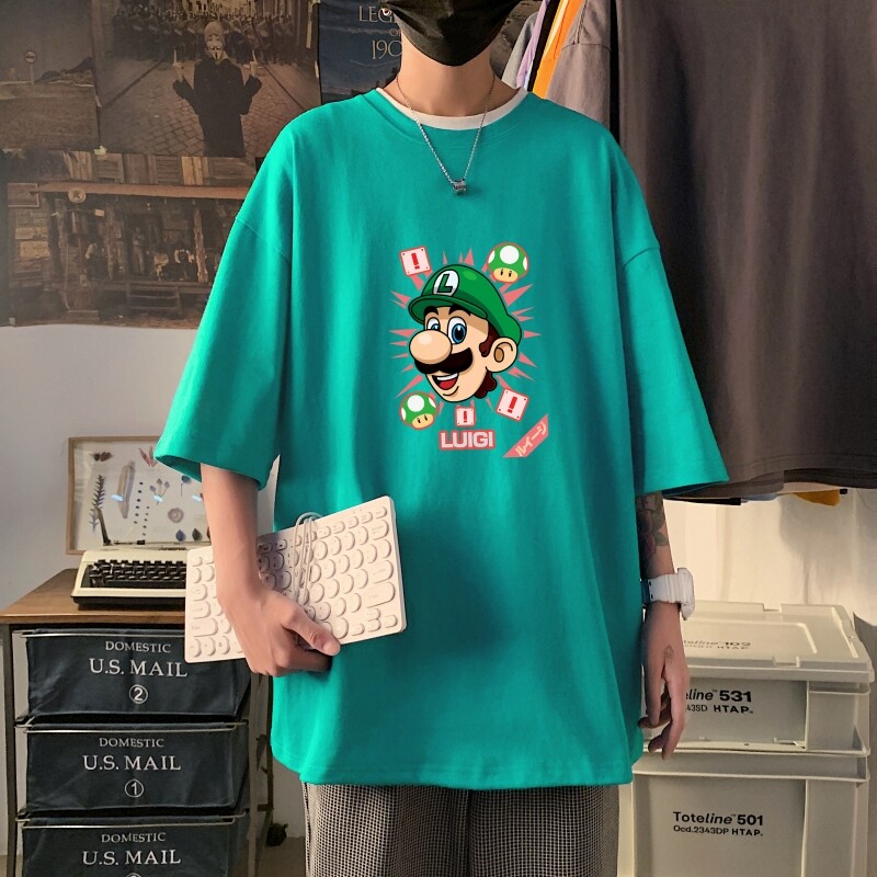T3423P25落肩纯棉男T短袖潮趣印花T恤春夏新款2022男宽松T恤港风图片