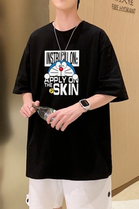 T3485P25春夏新款2022男宽松T恤港风落肩纯棉男T短袖潮趣印花T恤图片