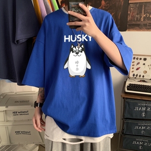 T3424P25春夏新款2022男宽松T恤港风落肩纯棉男T短袖潮趣印花T恤图片