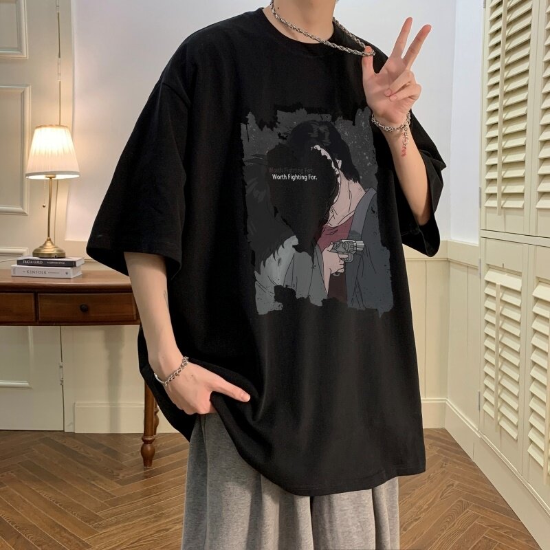 T6289P25潮爆夏2023落肩款宽松棉T男士T恤港风印花纯棉短T,男装T恤,星座510A-6