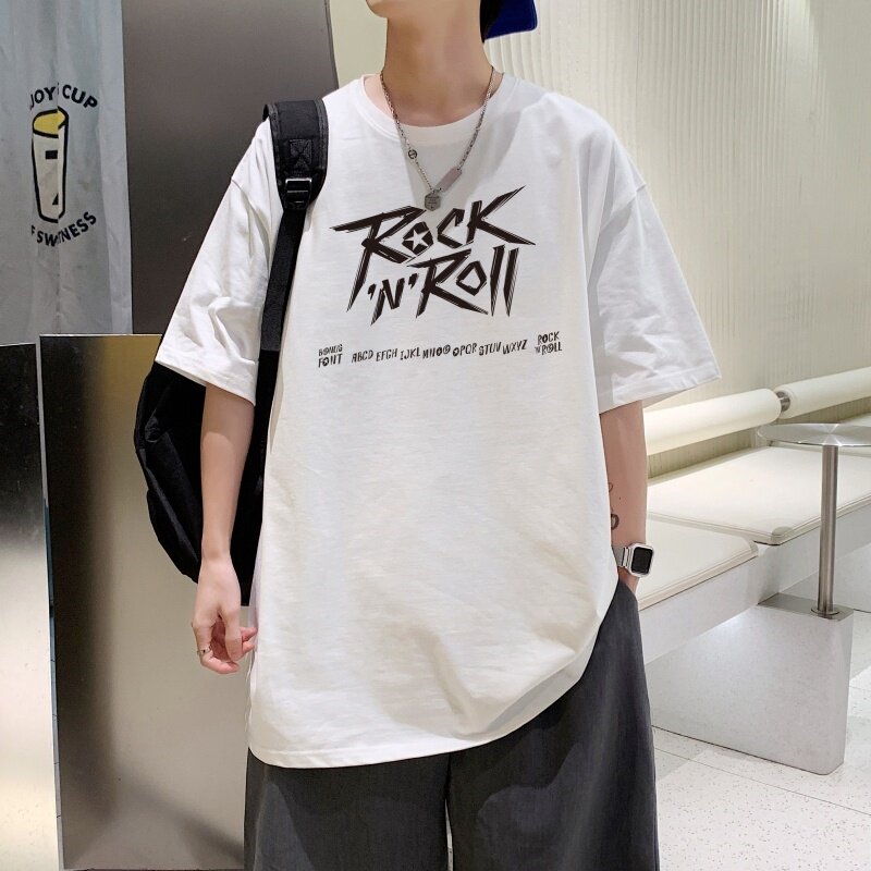T3481P25纯棉T短袖字母卡通印花T恤新2022男宽松圆领T恤港风落肩,男装T恤,星座510A-6